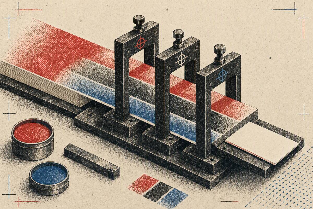 A dithered two-color printing press reduces one broad paper strip through three gates into a single small blank card.